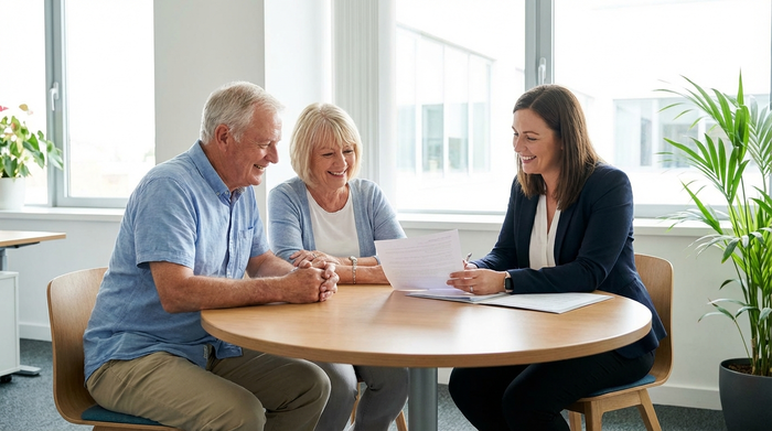 Ein älteres Ehepaar sitzt mit einer Beraterin an einem runden Holztisch und betrachtet gemeinsam entspannt Dokumente. Helles Büro, freundliche Gesichter, seriöse und unterstützende Atmosphäre, keine lesbaren Texte.