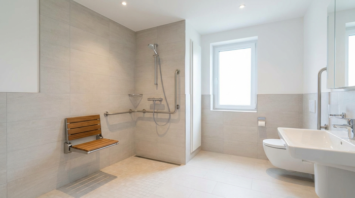 Ein modernes, barrierefreies Badezimmer mit einer ebenerdigen Dusche, stabilen Haltegriffen aus Edelstahl und einem klappbaren Duschsitz. Helle Fliesen, sauberes und sicheres Umfeld, gut ausgeleuchtet.