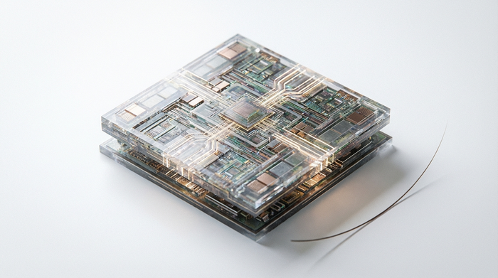 Nahaufnahme eines modernen, winzigen Hightech-Mikrochips, der auf einer sauberen weißen Oberfläche liegt, sanft beleuchtet, um die komplexe Architektur zu betonen.