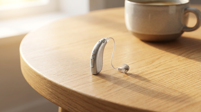 Ein diskretes, modernes Hinter-dem-Ohr-Hörgerät in edlem Silber, das auf einem glatten Holztisch liegt, daneben eine unscharfe Tasse Kaffee im warmen Morgenlicht.