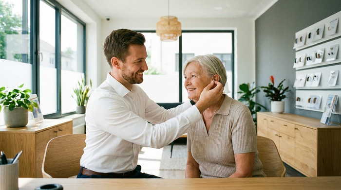 Ein freundlicher Hörakustiker im weißen Hemd passt einer älteren Dame in einem hellen, modernen Beratungsraum behutsam ein Hörgerät an. Beide lächeln entspannt und wirken vertraut.