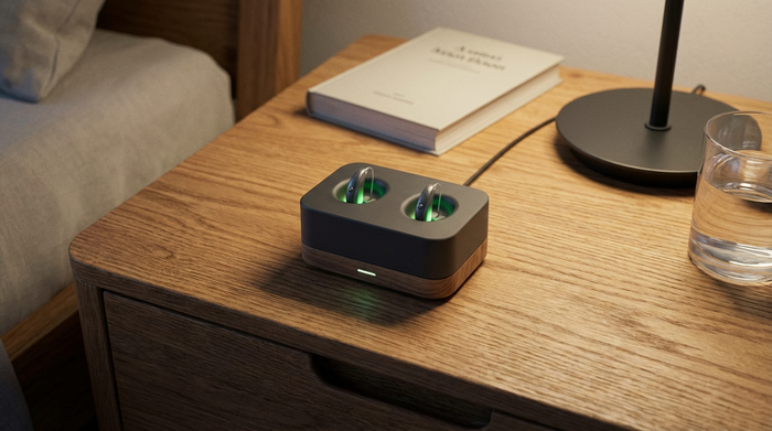 Eine kompakte, moderne Ladestation für Hörgeräte auf einem Nachttisch aus Eichenholz, in der zwei winzige Hörgeräte stecken. Ein sanftes grünes Licht zeigt den aktiven Ladevorgang an.