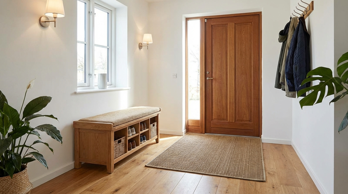 Ein gut beleuchteter, aufgeräumter Flur mit einer stabilen Holzbank zum Schuheanziehen und einer flachen, rutschfesten Schmutzfangmatte vor der Haustür.