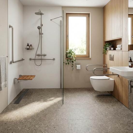 Ein modernes, barrierefreies Badezimmer mit einer bodengleichen Dusche, stabilen Haltegriffen an den Wänden und einem rutschfesten, matten Fliesenboden.