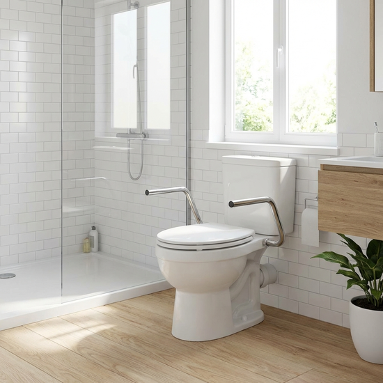 Ein leicht erhöhtes WC mit beidseitigen, klappbaren Armlehnen in einem sauberen, hell erleuchteten Badezimmer.