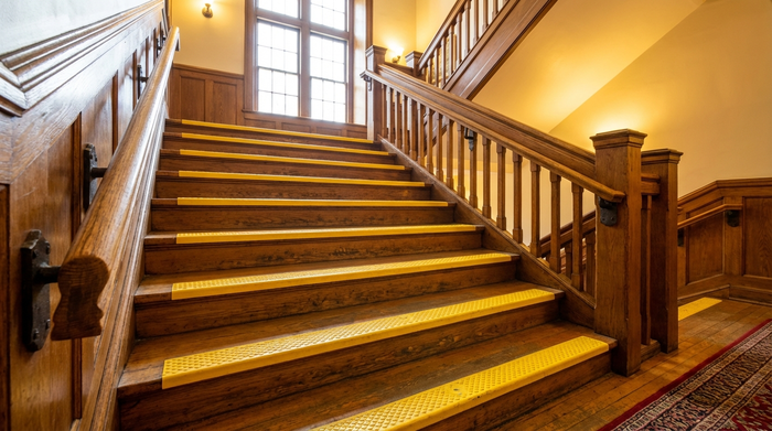 Eine gut ausgeleuchtete Holztreppe im Innenbereich mit beidseitigen, stabilen Handläufen und deutlichen, kontrastreichen Markierungen an den vorderen Stufenkanten.