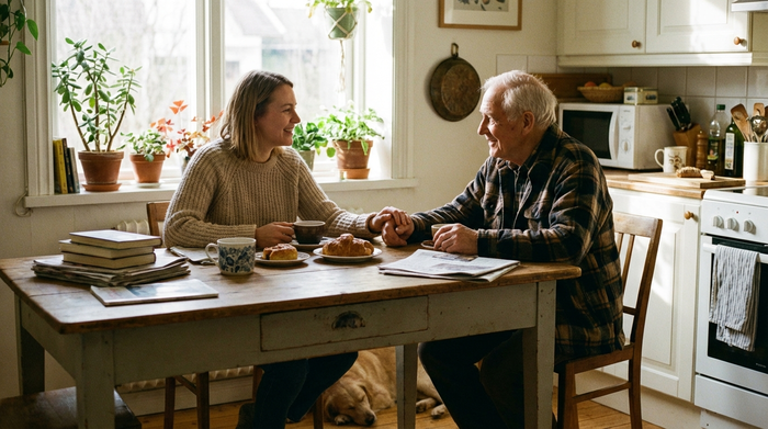 Eine erwachsene Tochter und ihr älterer Vater sitzen entspannt bei einer Tasse Kaffee an einem gemütlichen Küchentisch und unterhalten sich lächelnd miteinander.