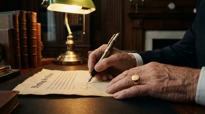 Nahaufnahme von älteren Händen, die mit einem edlen Füllfederhalter ein wichtiges Dokument unterschreiben. Warme Beleuchtung, seriöse und beruhigende Stimmung in einem eleganten Arbeitszimmer.