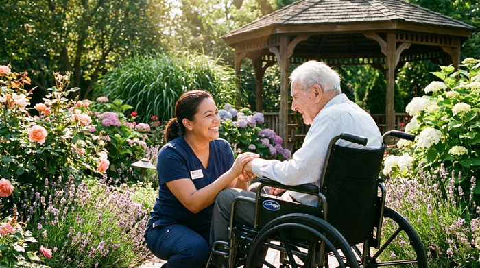 Eine freundliche Pflegekraft unterhält sich lächelnd mit einem Senior im Rollstuhl in einem sonnigen, blühenden Garten. Vertrauensvolle und fürsorgliche Atmosphäre, grüne Pflanzen im Hintergrund.
