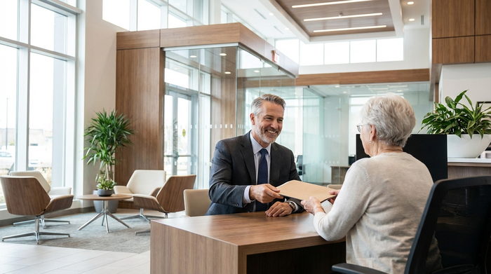 Ein seriöser Bankberater im Anzug sitzt mit einer älteren Dame an einem Schreibtisch in einer modernen Bankfiliale und reicht ihr freundlich eine Mappe. Helle und professionelle Umgebung ohne Text.