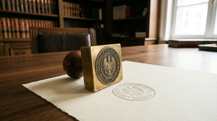 Ein würdevolles Büro mit Holzmöbeln und unscharfen Bücherregalen im Hintergrund. Ein schwerer Stempel wird auf ein dickes, weißes Papier gedrückt. Fokus auf den Stempel, professionelle und rechtssichere Szene.