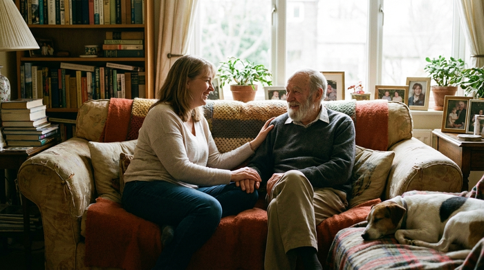 Zwei Generationen – eine erwachsene Tochter und ihr älterer Vater – sitzen auf einem gemütlichen Sofa und führen ein tiefgründiges, harmonisches Gespräch. Warme, familiäre Wohnzimmeratmosphäre im sanften Tageslicht.