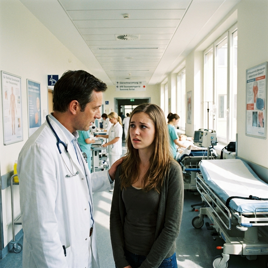 Ein realistisches Krankenhauszimmer. Ein Arzt in weißem Kittel spricht beruhigend mit einer besorgten jungen Frau im Flur. Helle Beleuchtung, medizinischer Kontext.