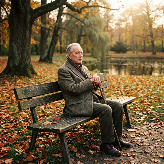 Ein älterer Mann sitzt nachdenklich auf einer Holzbank in einem herbstlichen Park. Ruhige, melancholische Stimmung, warme Farben.