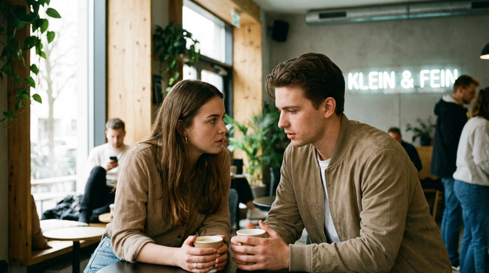 Zwei junge Erwachsene sitzen in einem modernen Café und diskutieren ernsthaft bei einem Kaffee. Vertraute, fokussierte Atmosphäre, weiches Licht.