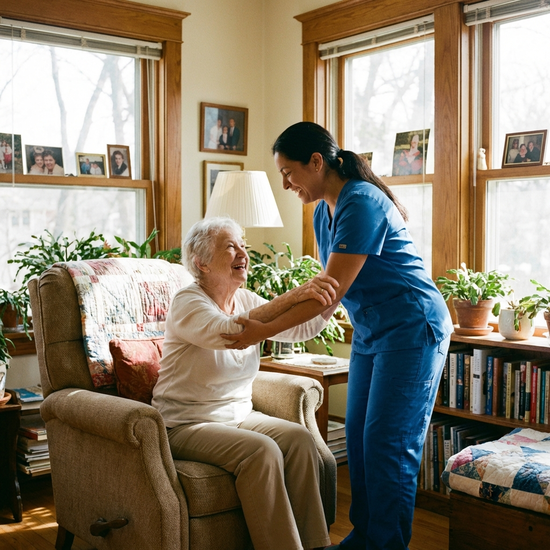 Eine professionelle Pflegekraft in blauer Dienstkleidung hilft einer lächelnden Seniorin liebevoll beim Aufstehen aus einem Sessel. Helles, gemütliches Wohnzimmer.