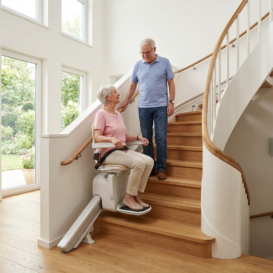 Ein moderner Treppenlift an einer Holztreppe in einem gepflegten Einfamilienhaus. Fokus auf Barrierefreiheit und Sicherheit im Alltag.