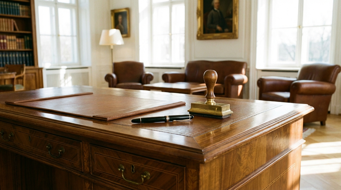 Ein eleganter Holzschreibtisch mit einer edlen Füllfeder und einem offiziellen Stempel. Seriöse, formelle Umgebung in einem hellen Büro.