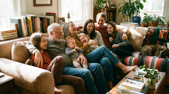 Eine Familie aus drei Generationen sitzt lachend zusammen auf einem gemütlichen Sofa. Entspannte, harmonische Stimmung im heimischen Wohnzimmer.