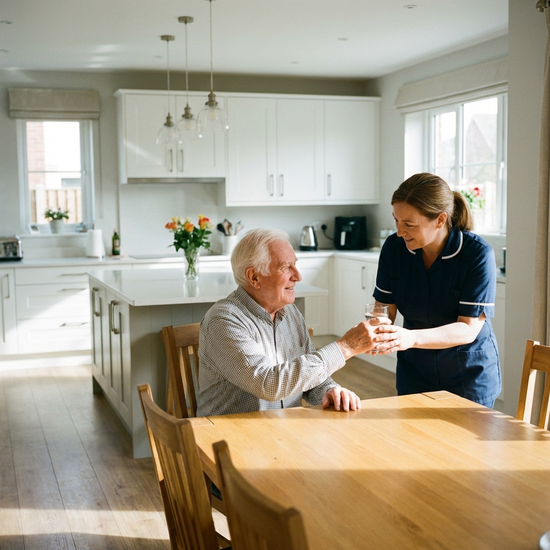 Eine engagierte Betreuungskraft reicht einem älteren Herrn ein Glas Wasser an einem hellen Esstisch. Im Hintergrund eine aufgeräumte, moderne Küche.