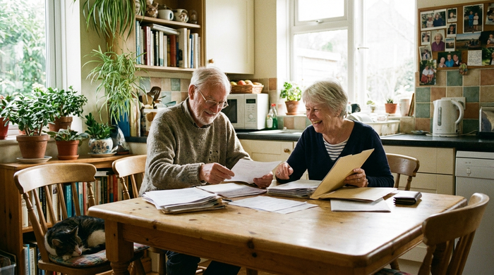 Ein älteres Ehepaar sitzt am Küchentisch und sortiert ordentlich Dokumente, eine entspannte und zufriedene Stimmung herrscht im Raum.