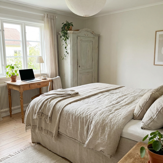 Ein helles, freundlich eingerichtetes Gästezimmer mit einem bequemen Bett, einem Kleiderschrank und einem kleinen Schreibtisch am Fenster. Ein Laptop steht auf dem Tisch.