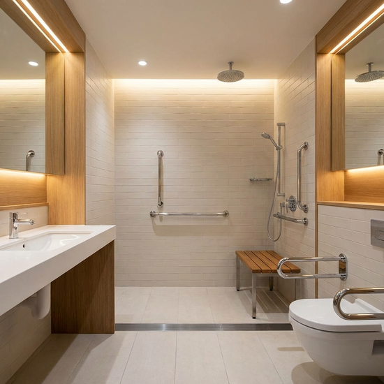 Ein modernes, barrierefreies Badezimmer mit einer bodengleichen Dusche und stabilen Haltegriffen an den hellen Fliesenwänden.