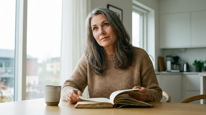 Ein realistisches Porträt einer nachdenklichen, aber zuversichtlichen Frau am Esstisch, die in einem Notizbuch blättert, mit einer Kaffeetasse daneben. Helles Tageslicht, aufgeräumtes und modernes Wohnumfeld.