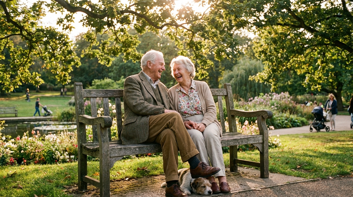 Ein älteres Ehepaar sitzt entspannt auf einer Parkbank im Grünen und lacht gemeinsam. Warme Sonnenstrahlen, gepflegte Kleidung, friedliche und unbeschwerte Stimmung im Freien.