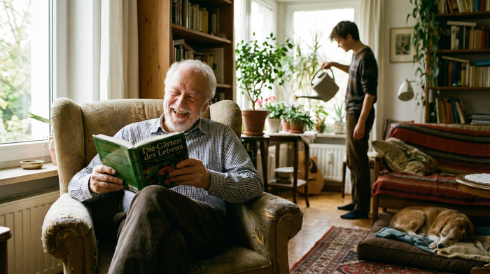 Ein fröhlicher Senior im Sessel liest ein Buch, während im Hintergrund verschwommen eine jüngere Person Zimmerpflanzen gießt. Ruhige, sichere und harmonische Wohnatmosphäre.