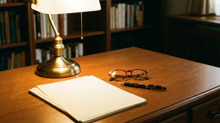 Ein ordentlicher Holzschreibtisch mit einer Lesebrille, einem Füllfederhalter und sauberen Papierbögen. Weiches, warmes Licht von einer klassischen Schreibtischlampe, fokussierte Arbeitsatmosphäre ohne sichtbare Texte.