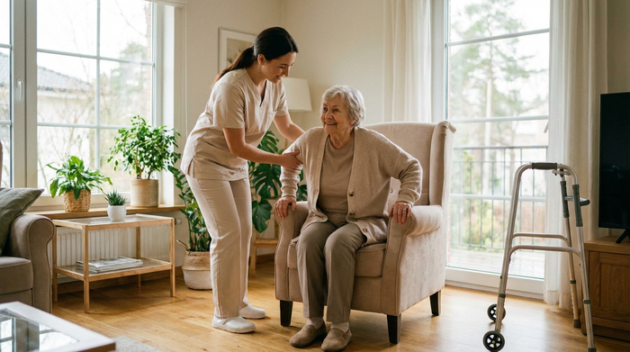 Eine freundliche Pflegekraft in diskreter, heller Berufskleidung hilft einer älteren Dame sanft beim Aufstehen aus einem bequemen Ohrensessel. Helles, sonnendurchflutetes und barrierefreies Wohnumfeld.