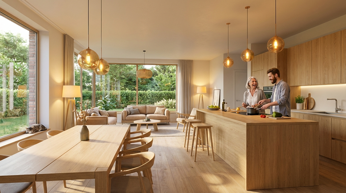 Ein geräumiges, modernes Wohnzimmer mit offener Küche, in dem eine ältere Dame und ein junger Mann gemeinsam kochen. Helle Holzmöbel, große Fenster mit Blick ins Grüne, warme Beleuchtung, fotorealistisch.