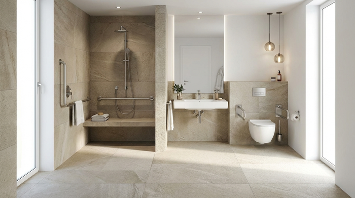 Ein modernes, helles und komplett barrierefreies Badezimmer mit einer großzügigen, bodengleichen Dusche, eleganten Haltegriffen und rutschfesten, stilvollen Fliesen. Hochwertige Ausstattung, fotorealistisch, sauberes Design.