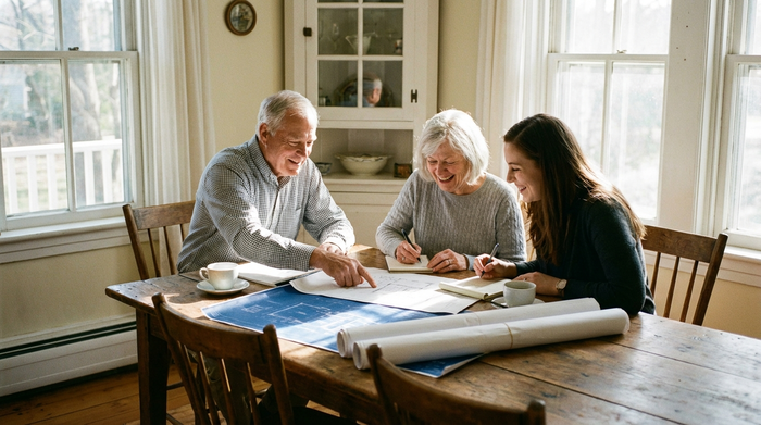 Ein älteres Ehepaar sitzt mit einer jüngeren Frau an einem Esstisch und betrachtet gemeinsam Baupläne und Dokumente. Konzentrierte, aber positive Stimmung, helles Tageslicht, fotorealistisch.