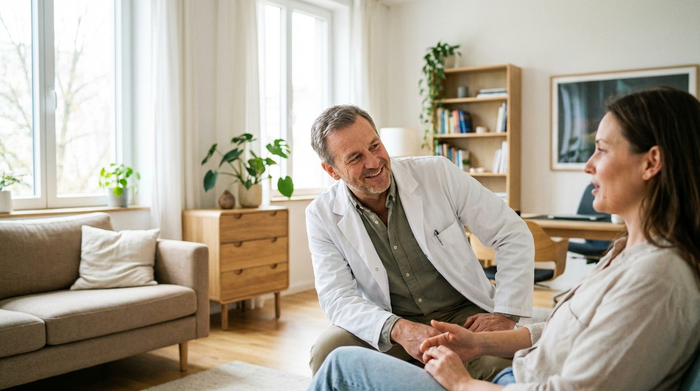 Ein freundlicher Arzt in einem hellen, modernen Sprechzimmer, der einem Patienten aufmerksam zuhört. Ruhige, professionelle und vertrauensvolle Stimmung, weiches Tageslicht.