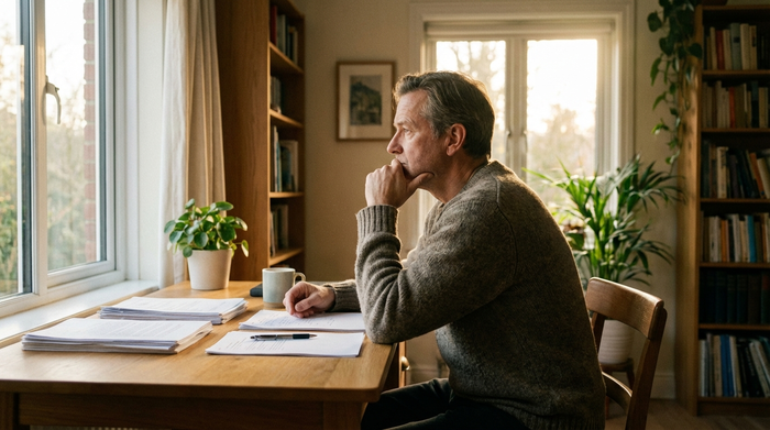 Ein nachdenklicher Mann mittleren Alters sitzt an einem aufgeräumten Schreibtisch, vor ihm liegen geordnete Papiere. Er blickt aus dem Fenster, sanftes Sonnenlicht erhellt den Raum.