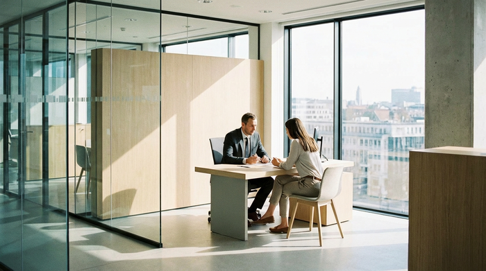 Zwei Personen im vertrauensvollen Gespräch am Schreibtisch in einer modernen, hellen Bankfiliale. Seriöse Atmosphäre, aufgeräumt, natürliches Licht, keine lesbaren Logos.