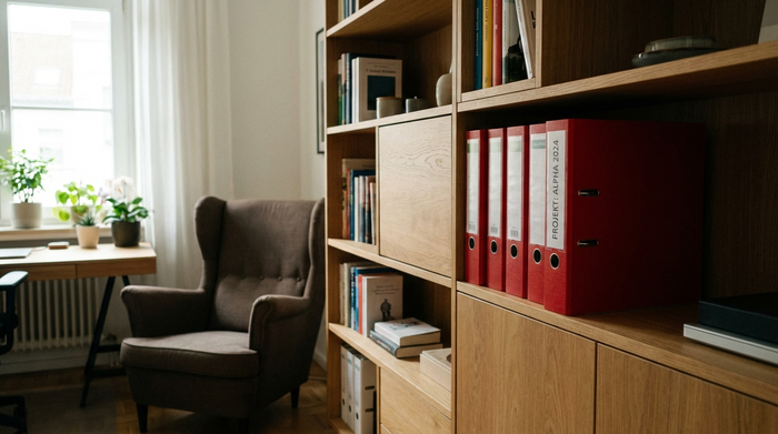 Ein ordentlich sortierter, roter Aktenordner steht gut sichtbar in einem modernen Regal in einem gemütlichen Arbeitszimmer. Sauber, strukturiert und übersichtlich.