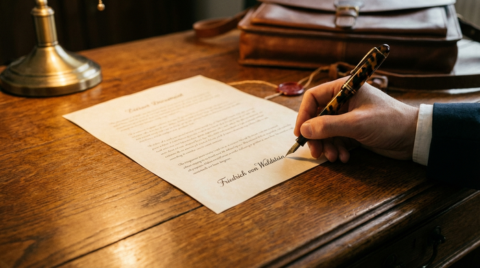 Eine Hand hält einen eleganten Füllfederhalter und unterschreibt ein wichtiges Dokument auf einem hochwertigen Holztisch. Warme Beleuchtung, fokussierte und ruhige Szene.
