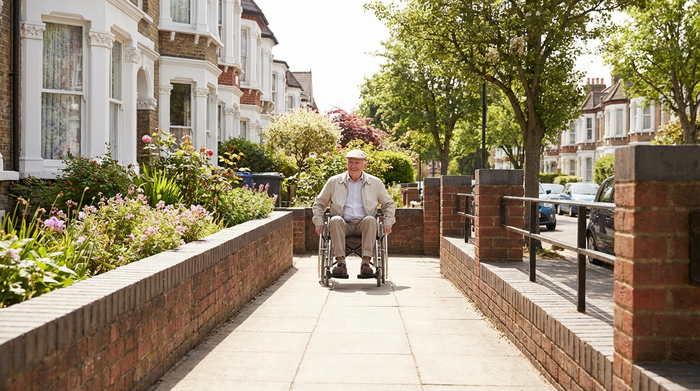 Ein älterer Herr im manuellen Rollstuhl fährt mühelos eine flache, gepflasterte Rampe hinauf. Die Rampe hat eine sehr sanfte Steigung. Heller Sonnenschein, freundliche Wohngegend.