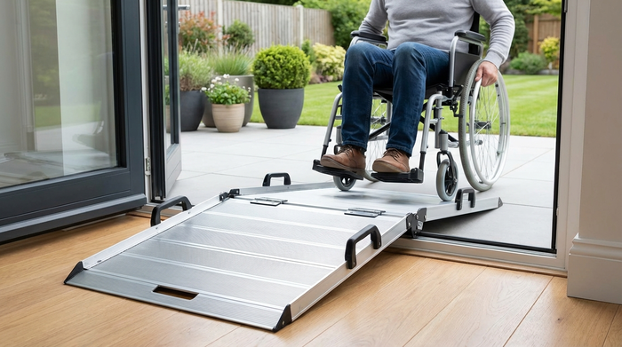 Eine zusammenklappbare, mobile Kofferrampe aus leichtem Aluminium liegt über einer einzelnen Türschwelle an einer Terrassentür. Sauberer Hintergrund, praktische Anwendung im Alltag.