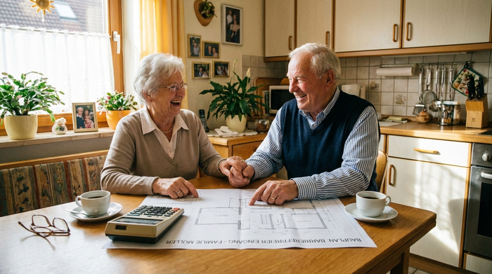 Ein älteres Ehepaar sitzt glücklich am Küchentisch und betrachtet Baupläne für einen barrierefreien Hauseingang. Auf dem Tisch liegt ein Taschenrechner. Entspannte und positive Stimmung.