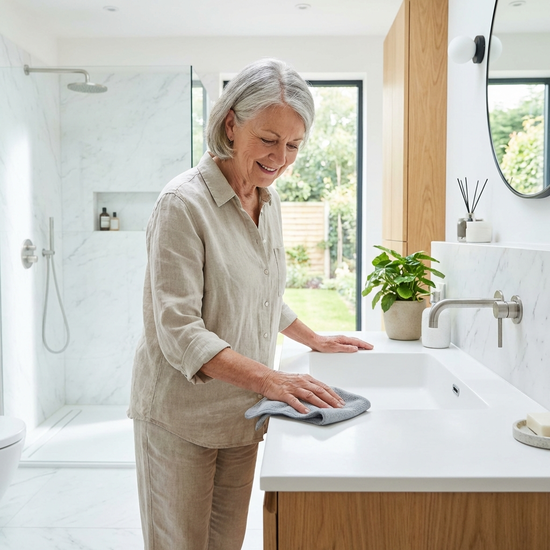 Eine rüstige Seniorin steht in einem sauberen, modernen Badezimmer und wischt mit einem weichen Mikrofasertuch behutsam über den Rand eines hellen Waschbeckens.