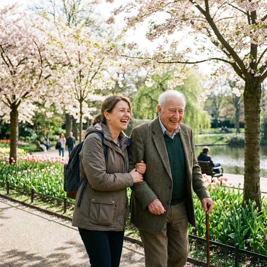 Eine aufmerksame Alltagsbegleiterin und ein älterer Herr spazieren gemeinsam durch einen grünen, blühenden Stadtpark an einem sonnigen Nachmittag. Beide lachen und wirken entspannt.