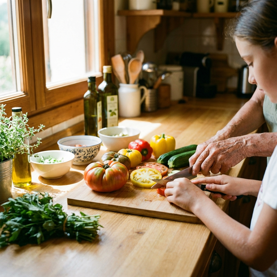 Zwei Hände, eine jünger und eine älter, bereiten auf einer sauberen Küchenarbeitsplatte gemeinsam frisches Gemüse für ein gesundes Mittagessen vor.