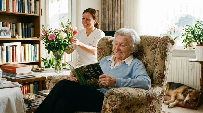 Eine ältere Dame sitzt entspannt in einem bequemen Sessel und liest ein Buch, während im Hintergrund eine Betreuungskraft liebevoll frische Blumen in einer Vase arrangiert.