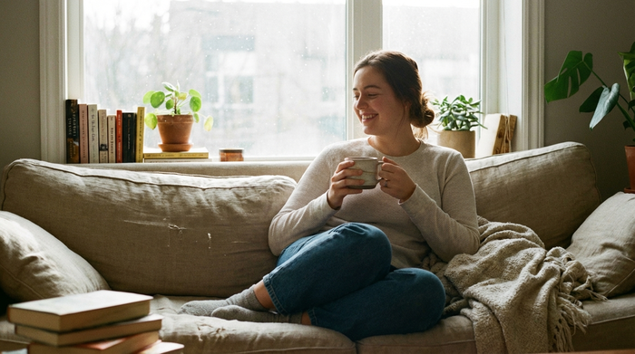 Eine junge Frau sitzt erleichtert und lächelnd auf einem Sofa, hält eine Tasse Kaffee in der Hand und genießt einen Moment der Ruhe, während sanftes Tageslicht in den Raum fällt.