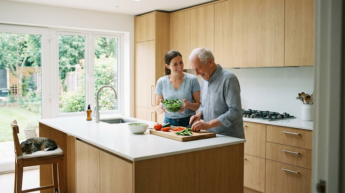 Eine liebevolle Betreuungskraft hilft einem älteren Herrn beim Zubereiten eines frischen Salats in einer sauberen, modernen Küche. Natürliches Licht, alltägliche harmonische Situation ohne Text.