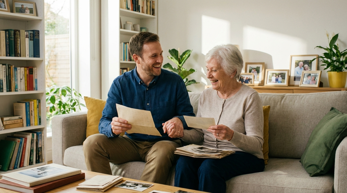 Ein erwachsener Sohn sitzt mit seiner älteren Mutter auf dem Sofa und sie betrachten gemeinsam entspannt Dokumente. Helle, aufgeräumte Wohnatmosphäre, fokussiert auf familiären Zusammenhalt.